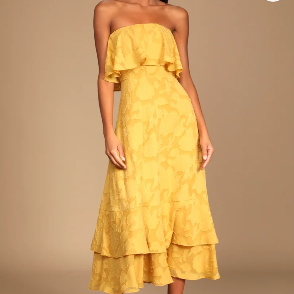 Lulu's Yellow Asymmetrical Ruffled Strapless Sundress
